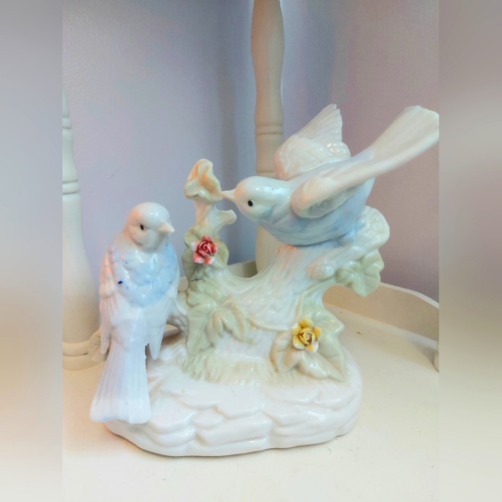 Vintage Enesco White Porcelain Singing Pastel Blue Birds Floral Brach Figurine